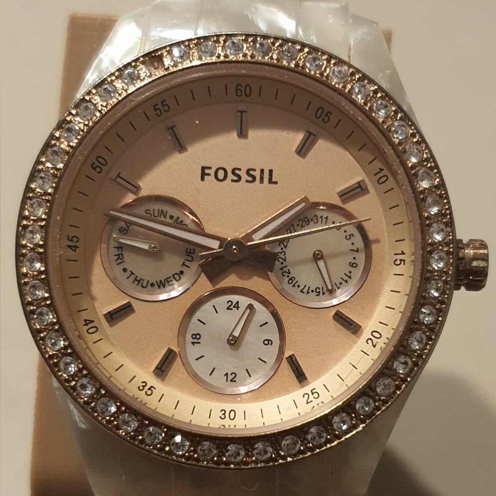 Fossil Stella Rose Gold/White Polycarbonate Rhinestone Women's Watch